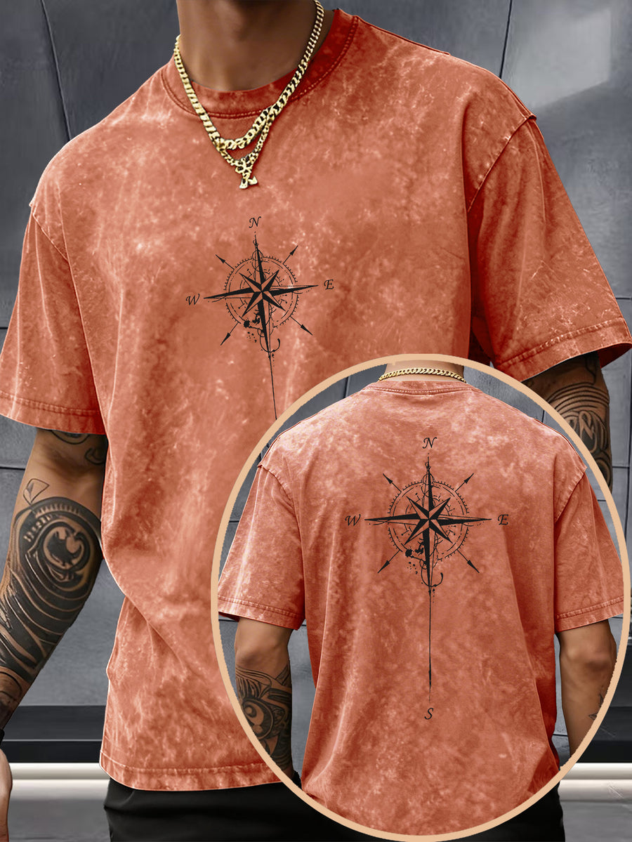 Men's Washed Distressed Pure Cotton Loose Fit Drop Shoulder T-Shirt with Vintage Compass and Anchor Line Graphic Print on Front and Back, Versatile American Streetwear High Street Hip-Hop Style, Couple's Matching Outfit for Streetwear, Daily Outings - Orange