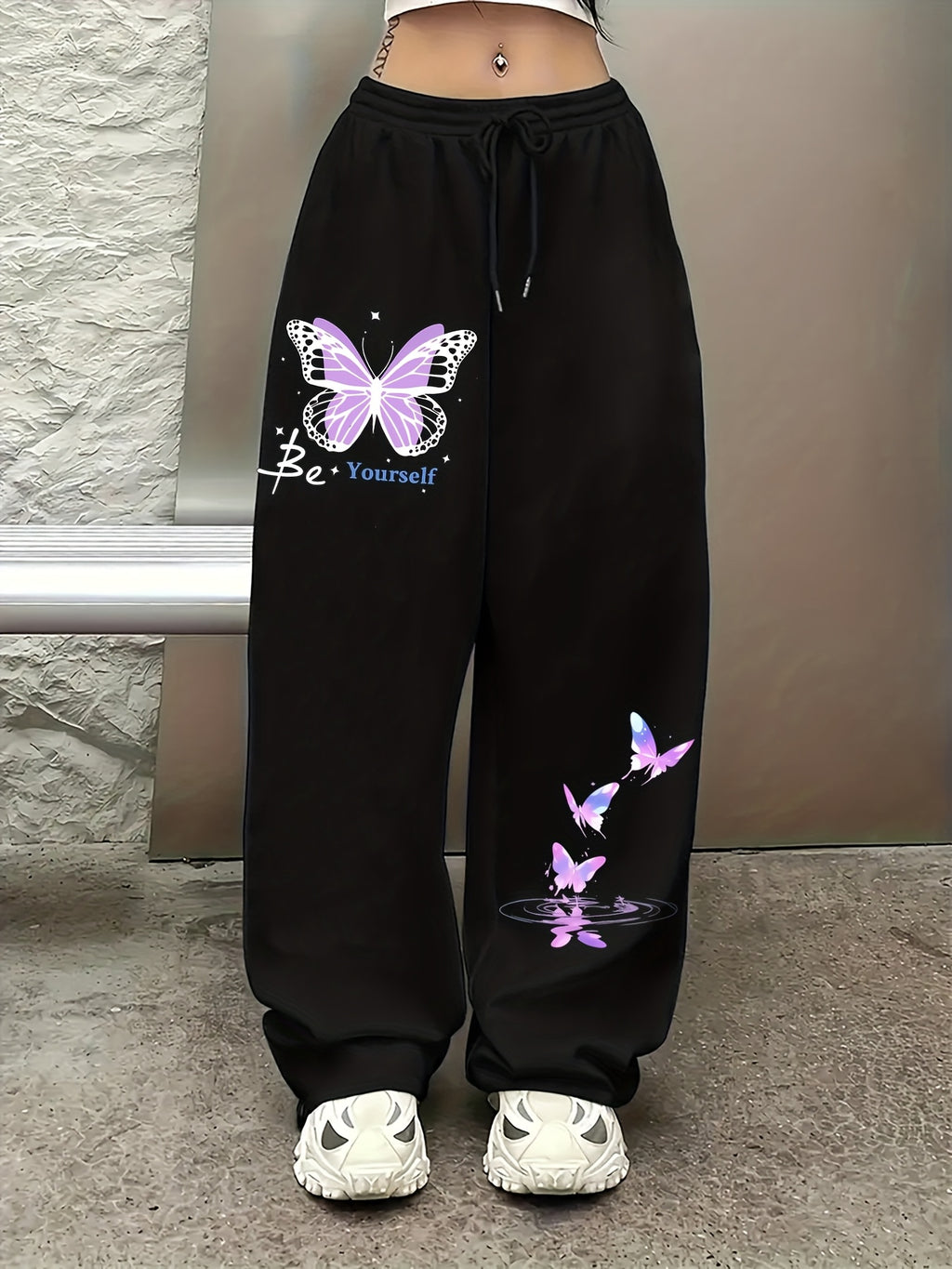 Be Yourself" Purple Butterfly Pattern Print, Casual Sporty Straight-Leg Pants, Women's Elastic Waist Drawstring Wide-Leg Long Pants, All-Season Women's Trousers - Black
