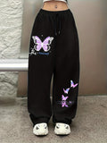 Be Yourself" Purple Butterfly Pattern Print, Casual Sporty Straight-Leg Pants, Women's Elastic Waist Drawstring Wide-Leg Long Pants, All-Season Women's Trousers - Black
