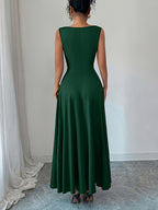 Sleeveless Puff Sleeve Dress Women'S Metallic Buckle Waist-Cinching Bodycon Skirt Elegant Temperament Evening Date Dress Long Dress - Dark Green