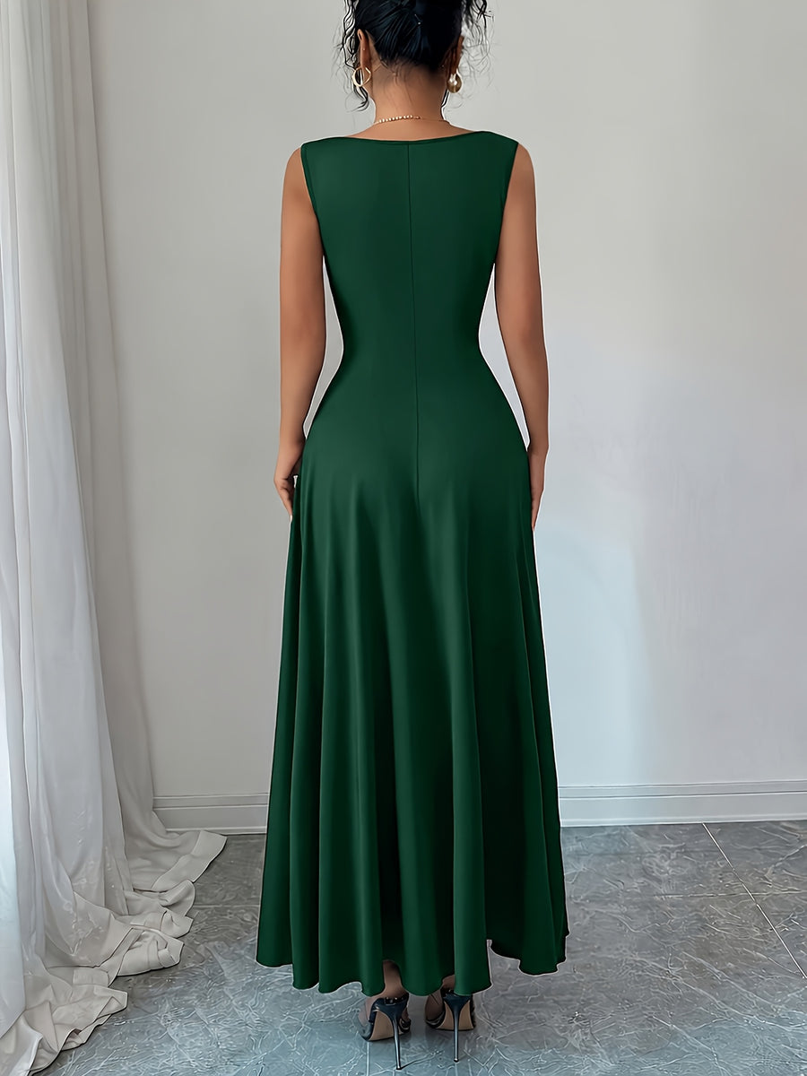 Sleeveless Puff Sleeve Dress Women'S Metallic Buckle Waist-Cinching Bodycon Skirt Elegant Temperament Evening Date Dress Long Dress - Dark Green