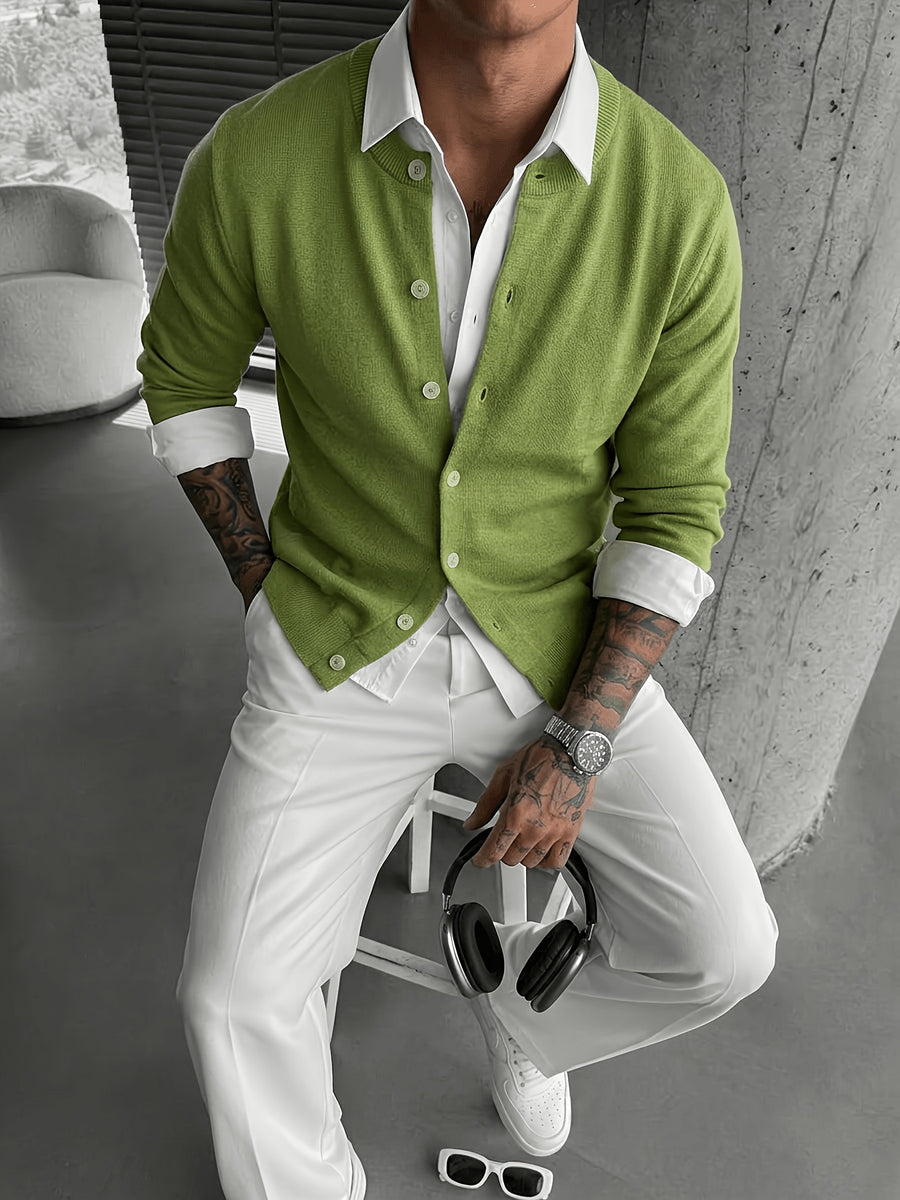 2026 Spring/Autumn New Men'S Solid Color Knit Cardigan, Casual Versatile Trendy Slimming Long Sleeve Temperament Lightly Mature Style Outerwear Top - Green