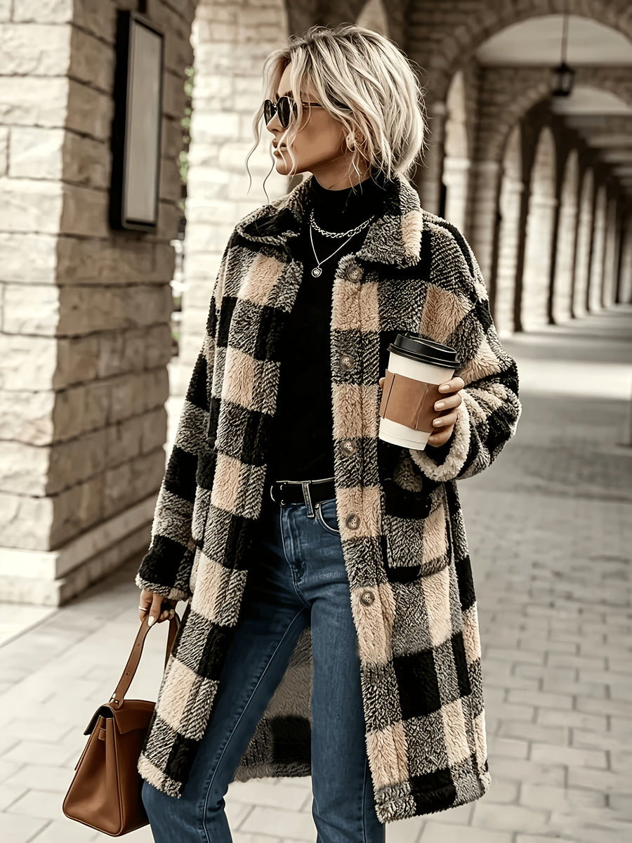 2026 Autumn Winter New Product, Women'S Plaid Printed Long Double Plush Coat, Teddy Bear Women'S Jacket, Lapel Long Sleeve Button-Up Design, Women'S Elegant Faux Coat, Essential Light Warm Jacket for Autumn Winter, Fashionable And Versatile - Black apricot