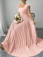 Women'S Elegant Floral Print Pleated Hem Long Dress, Summer - Pink