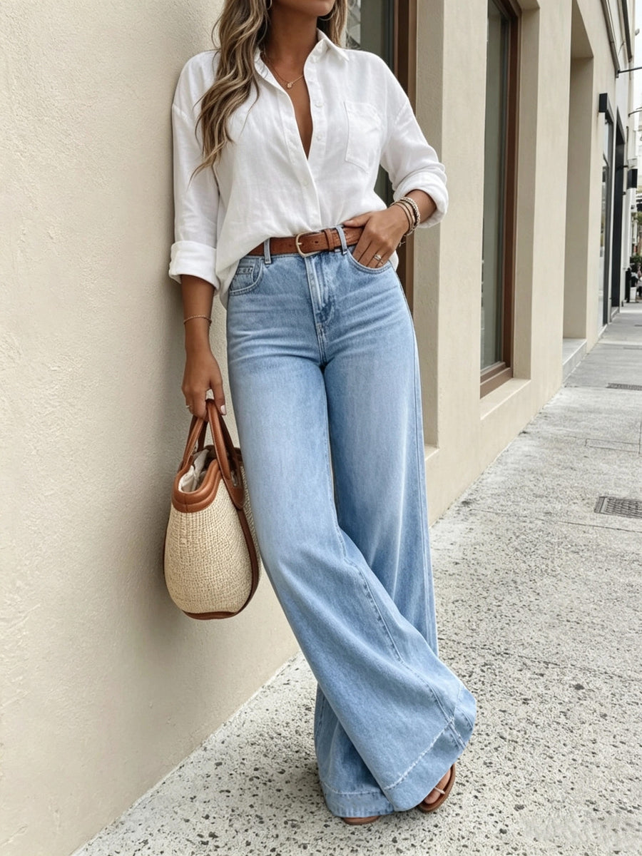 Women's Light Blue Stretch Jeans with a Wide-leg Hem, Elasticated Body-hugging Fit, Soft Washed Denim, Suitable for Both Work and Casual Wear, Stylish and Versatile - Light Blue