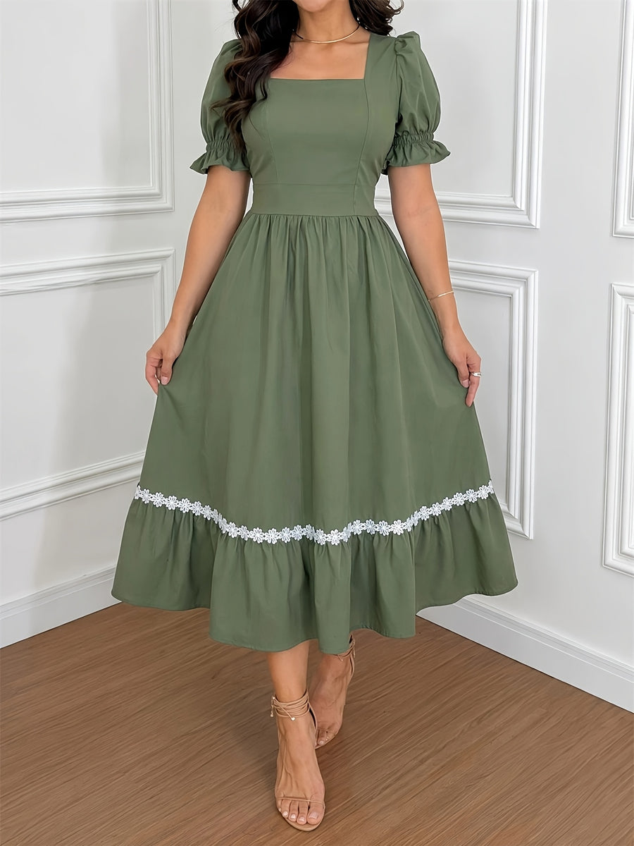 Women's Ombre Color Casual Elegant Vacation Wrap-Front Waist-Cinching A-Line Lace Trim Dress - Olive