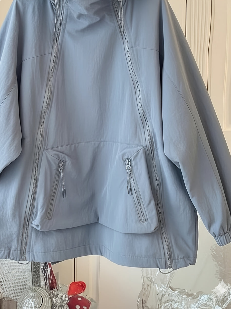 Women'S Cape-Style Hooded Coat, Long Sleeve, with Drawstring, Double Zipper Detail, And Pockets - Grey