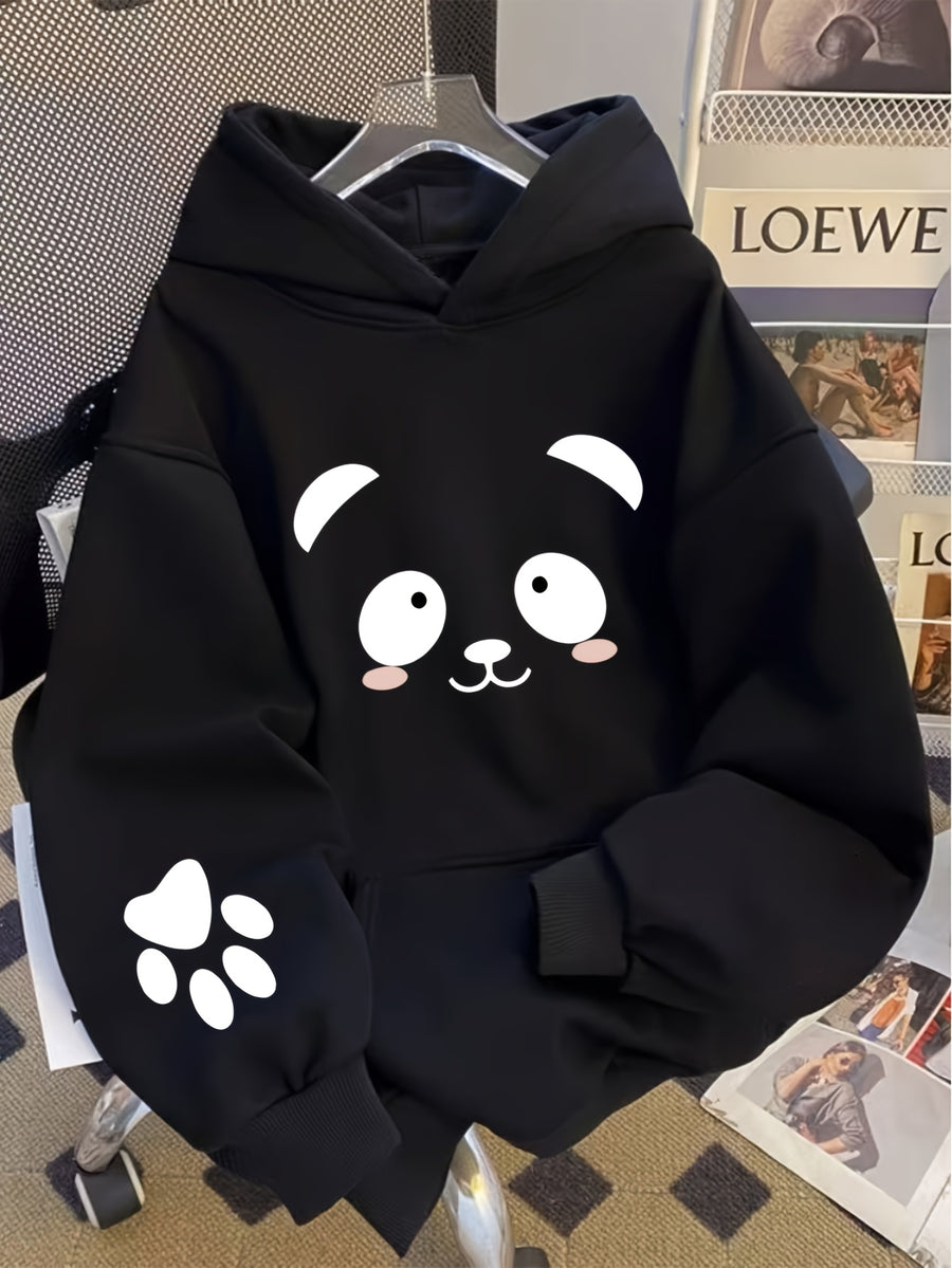 Women'S Warm Fleece Sweatshirt for Spring, Autumn, And Winter Featuring a Cute Panda Theme Print. This Autumn And Winter Commuting Piece Combines Soft And Adorable Elements Suitable for a Light Casual Office Style, Merging Warmth with a Loose Fit - Black