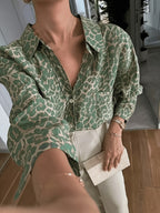 Women'S Green Leopard Print Casual Shirt with Pockets, Decorative Buttons, Long Sleeve, Suitable for Spring And Autumn - Green