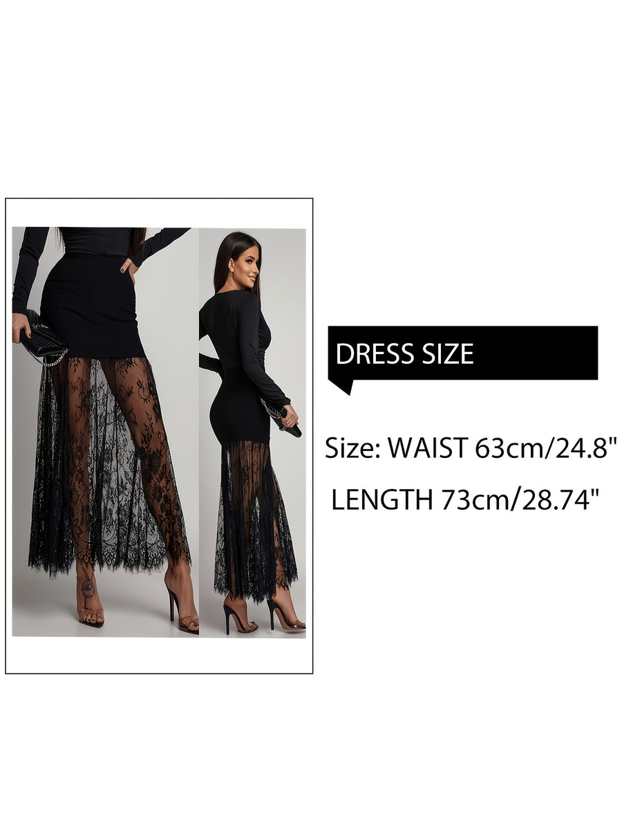 Lace A-line Skirt, Sexy Sheer Lace Maxi Dress, Suitable for Outings and Parties, Wearable in Spring and Summer, Women's Midi Skirt with Elastic Waistband, A-line Flared Skirt, Flared Hem, New Style Lace Slip Dress, Can Be Worn as a Layering Piece - Black