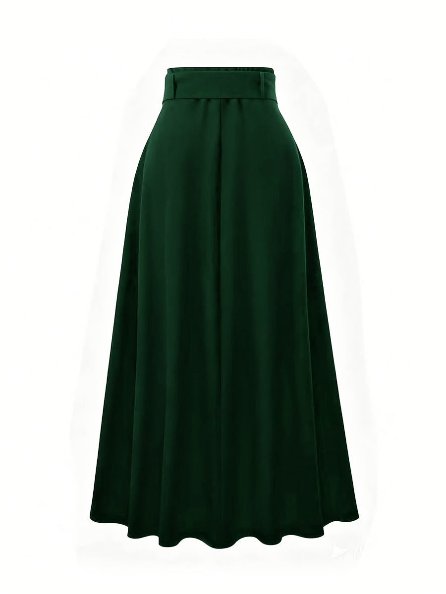 Elegant Women's Pleated Skirt for Daily and Holiday Wear, Christmas-Themed Color Palette, Elegant Korean-Style Belted Maxi Skirt - Dark Green