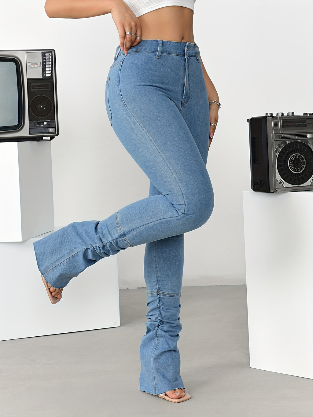 High-Waisted Layered Casual Versatile Flared Pants Denim Jeans - Blue