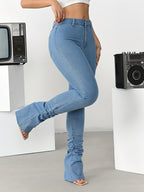 High-Waisted Layered Casual Versatile Flared Pants Denim Jeans - Blue