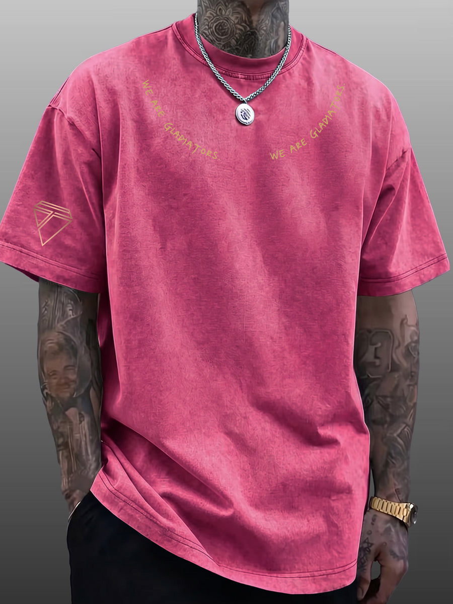 Short Sleeve T-Shirt Men'S Loose Washed Distressed Top Arched Text Triangle Geometric Trendy Print Multi-Color Casual Matching American Street High Street Hip-Hop Couple Style Short Sleeve Daily Outing Commuting Sports Fitness Street Style Y2K Top - Rose Red