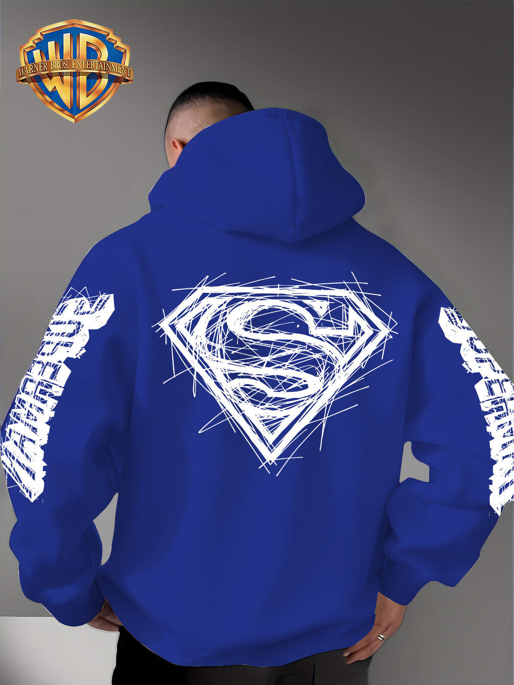 Warner Bros Official Superman Logo Print Men's Trendy Hooded Sweatshirt, Featuring Sleeve Print Design, Kangaroo Pocket, and Drawstring Hood, Suitable for Daily Wear in Autumn and Winter as Well as Outdoor Sports - a Must-have Item for Trend - Blue