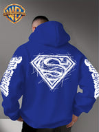 Warner Bros Official Superman Logo Print Men's Trendy Hooded Sweatshirt, Featuring Sleeve Print Design, Kangaroo Pocket, and Drawstring Hood, Suitable for Daily Wear in Autumn and Winter as Well as Outdoor Sports - a Must-have Item for Trend - Blue