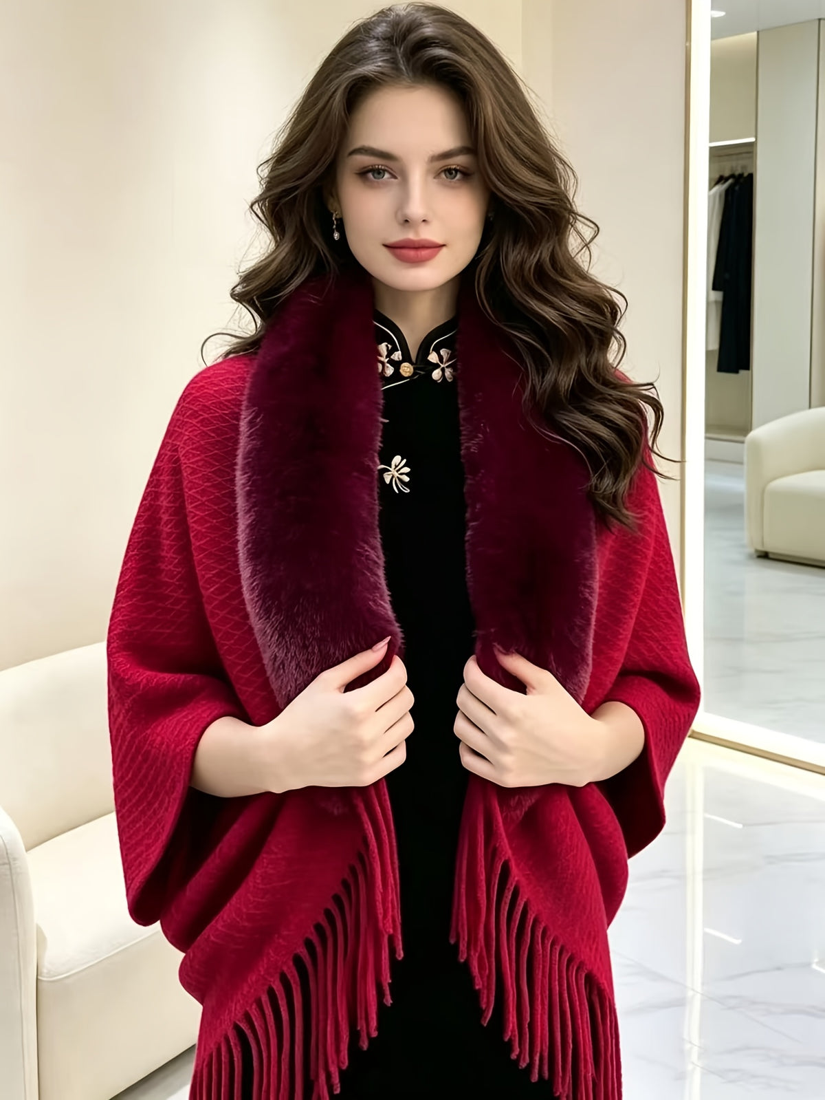 Women'S Open Cardigan, Autumn Winter Elegant Faux, Fringed Cape Scarf Jacket - Lightweight Warm Coat for Parties, Office, Casual Wear - Fashionable Autumn Winter Accessory, Soft Plush Texture, Trendy Scarf, Office Essential - Red
