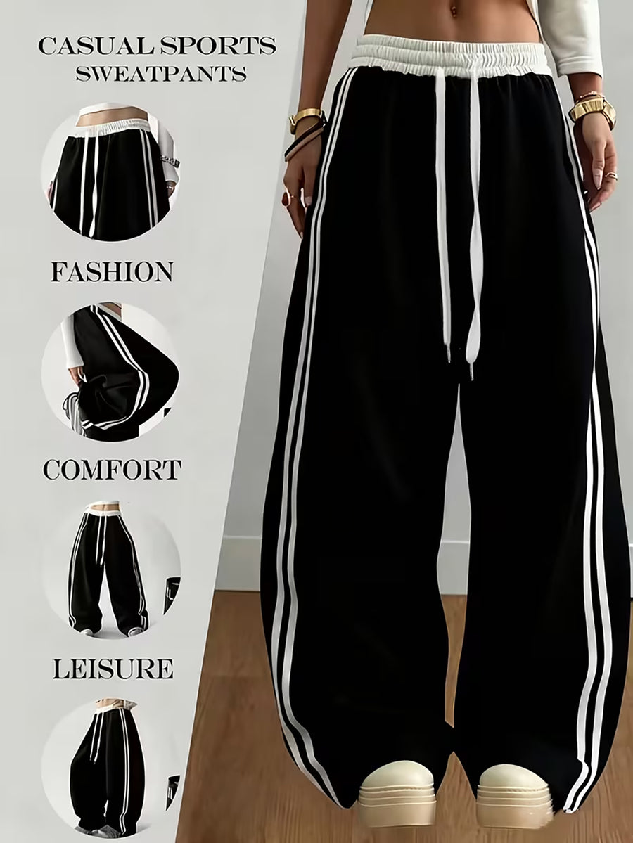 Street-style Color-block Striped Elastic Waistband Sweatpants, Loose-fitting, Figure-flattering, Drapey, and Relaxed-style Wide-leg Casual Trousers - Black