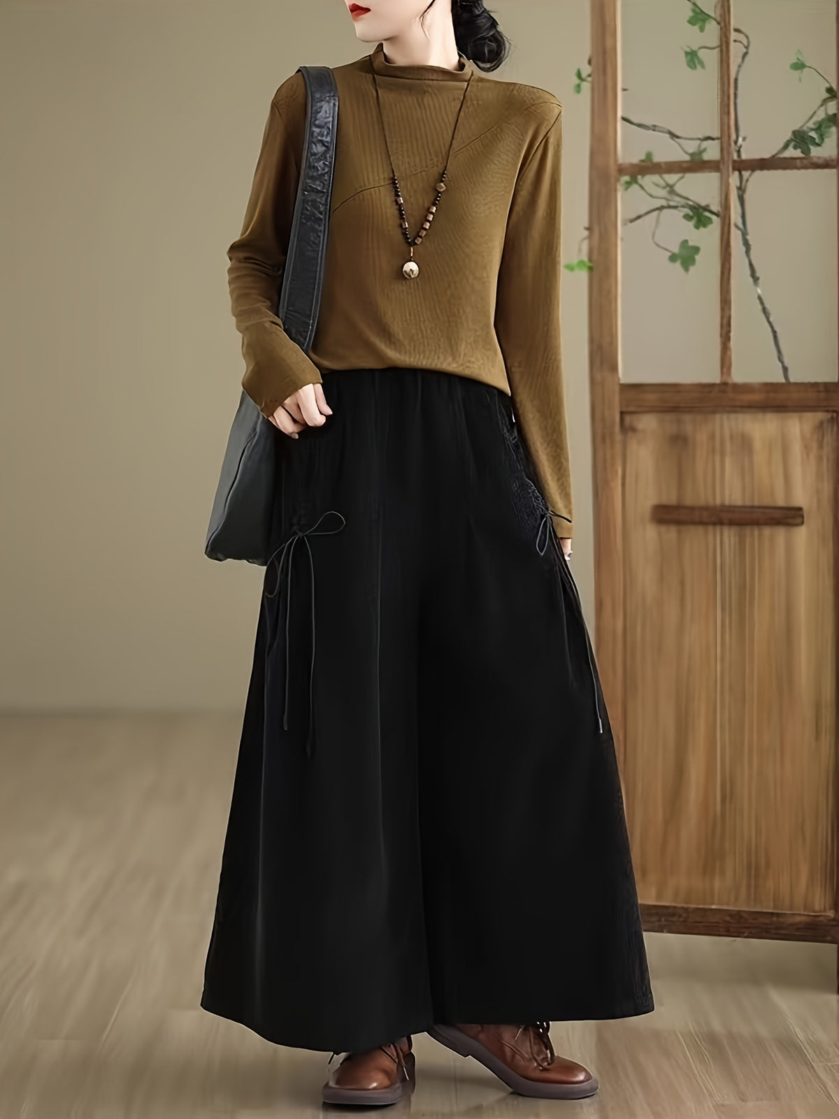 Corduroy Wide-Leg Pants with Elastic Corduroy Waist (Suitable for Body Types) - Solid Color Casual Trousers, Machine Washable,, Corduroy Pants for Casual Attire - Black