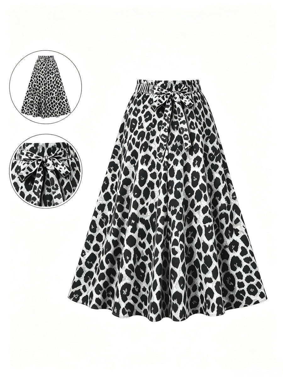 Leopard Print High-Waist Flared Midi Skirt Women'S Elastic Waist Bow Tie A-Line Swing Skirt Casual Daily Party Streetwear Long Skirts - White