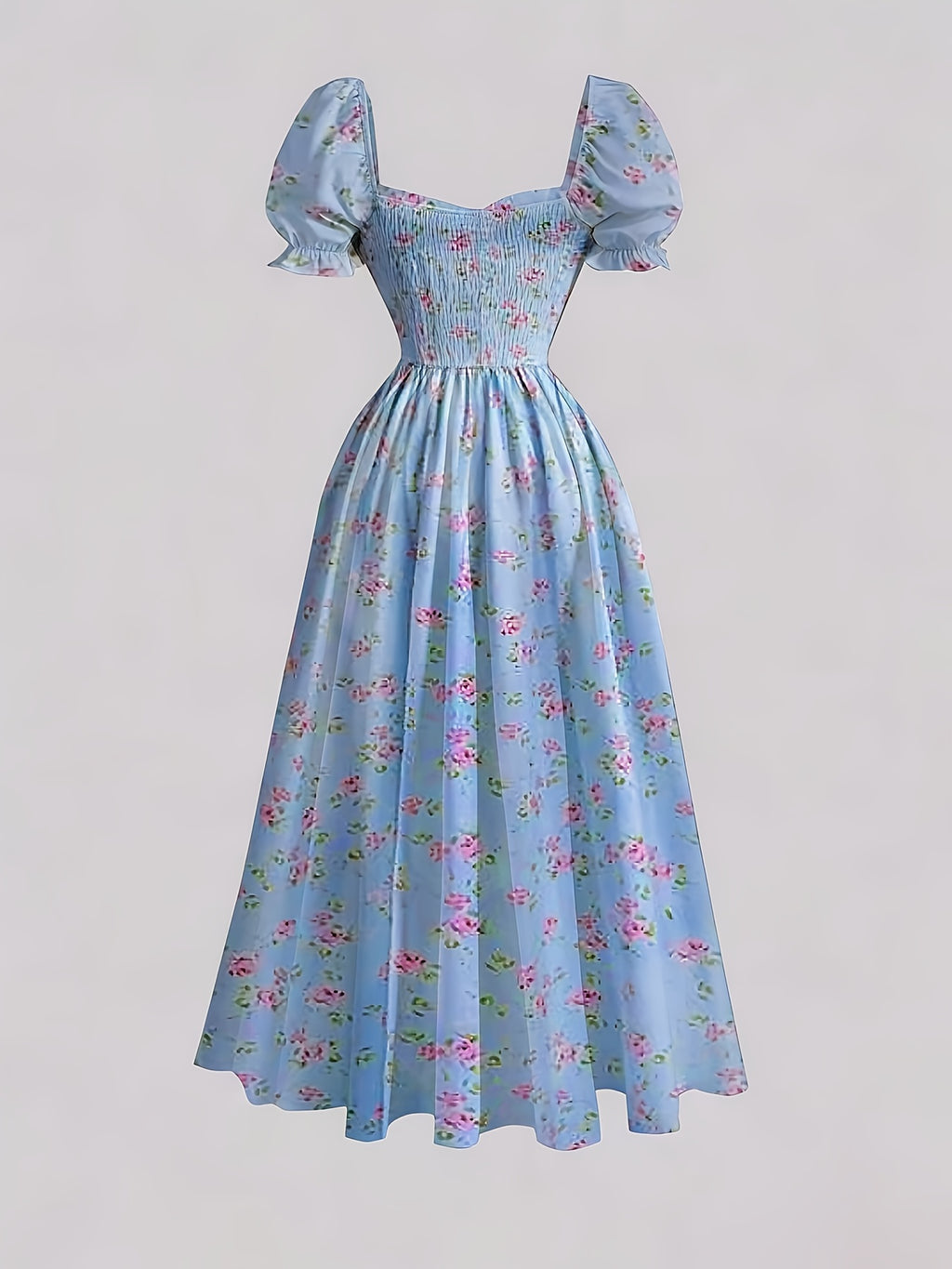 Ladies' New Spring And Summer Elegant Floral Print Long Dress, Bubble Sleeve Design, Front Waist Tie, Back Waist Shirred Waist, Elegant And Flowing, Romantic Long Dress, Suitable for Daily Wear, Party Gatherings, Vacation Holidays - Sky Blue