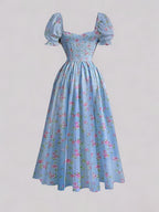 Ladies' New Spring And Summer Elegant Floral Print Long Dress, Bubble Sleeve Design, Front Waist Tie, Back Waist Shirred Waist, Elegant And Flowing, Romantic Long Dress, Suitable for Daily Wear, Party Gatherings, Vacation Holidays - Sky Blue