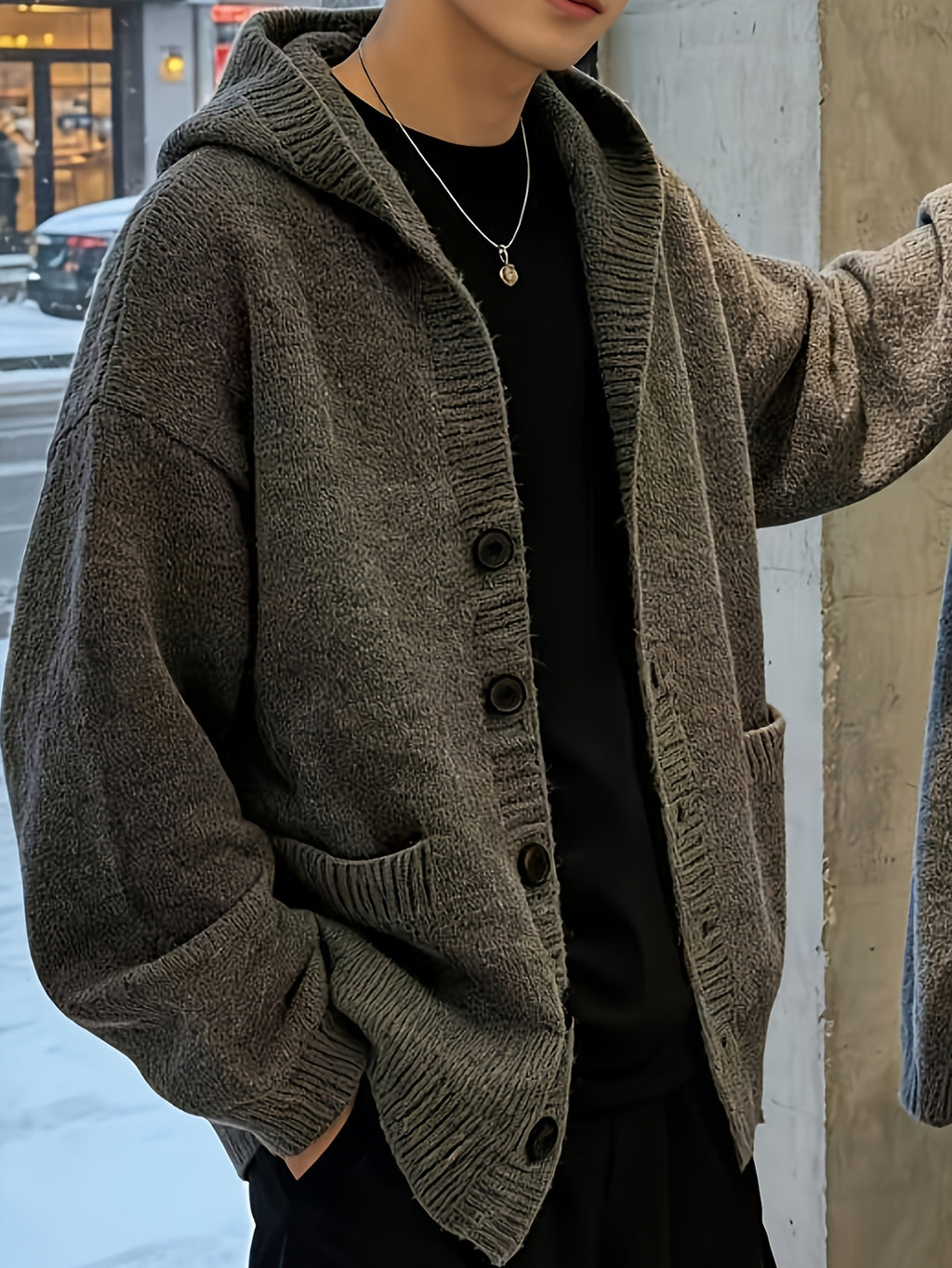 Retro Solid Color Single Button Hooded Cardigan Sweater, Loose Casual Style Versatile Outerwear Knit Top - Dark Gray