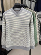 New Spring, Autumn, and Winter V-Neck Men's Long-Sleeve T-Shirt, Fashionable Casual Thin Striped Top, Stylish, Elegant, Youthful, and Versatile Men's Apparel, Soft, Skin-Friendly, Close-Fitting, Comfortable, and Warm Clothing HL2531 - Grey