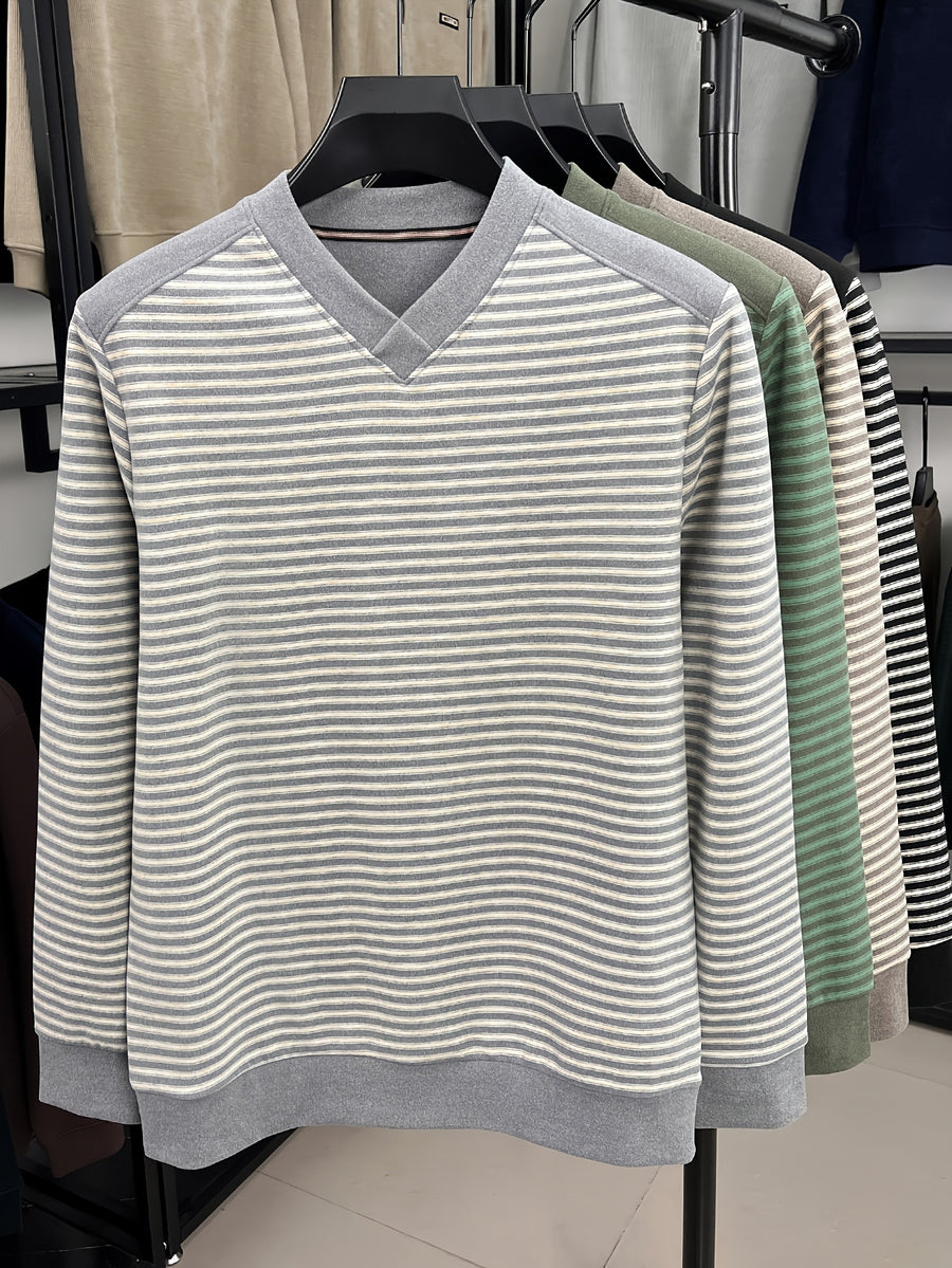 New Spring, Autumn, and Winter V-Neck Men's Long-Sleeve T-Shirt, Fashionable Casual Thin Striped Top, Stylish, Elegant, Youthful, and Versatile Men's Apparel, Soft, Skin-Friendly, Close-Fitting, Comfortable, and Warm Clothing HL2531 - Grey
