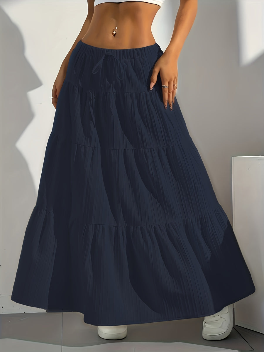 Elegant Style 2025 Western Cross-Border Women'S New Solid Color Half Skirt with Tie-Back Flared Skirt Loose Half Skirt Women - Navy Color