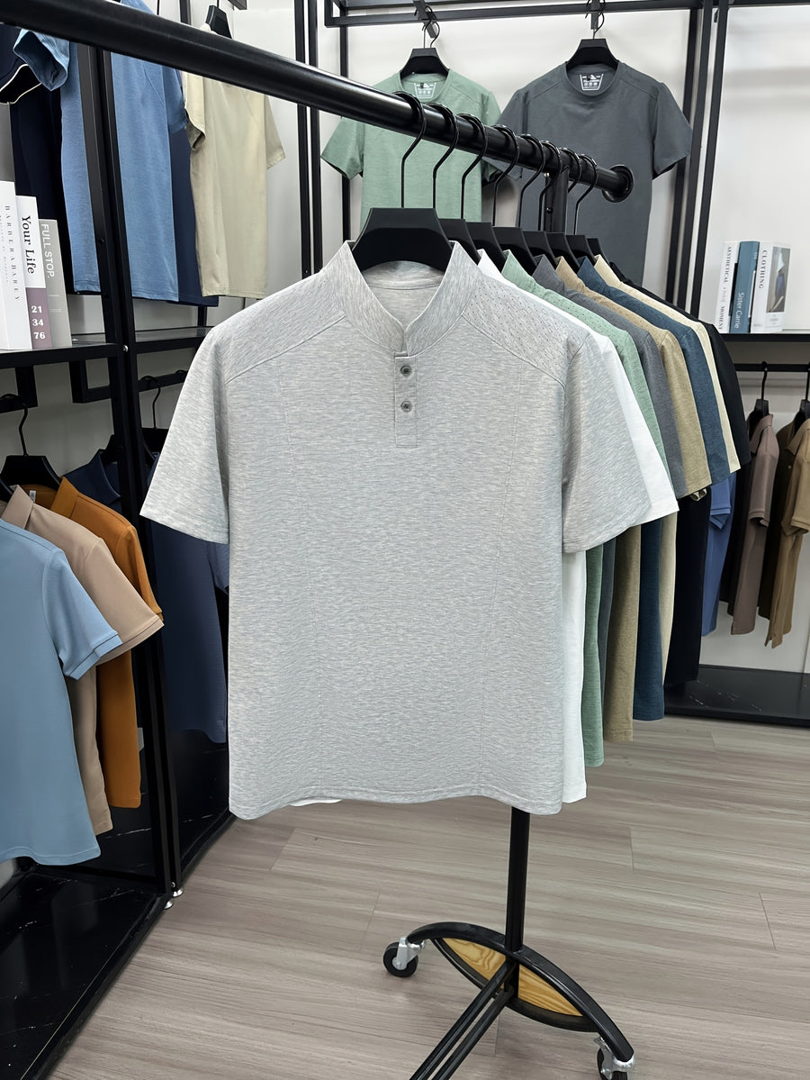 Men's New Summer Casual Stand Collar T-Shirt, Simple and Stylish Thin Breathable Versatile Short Sleeve Tee - Ash