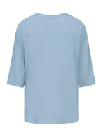 Men's Summer Casual V-Neck Breathable Short-Sleeve Fashion Drawstring Solid Color T-Shirt with Wrinkle Fabric - Light Blue