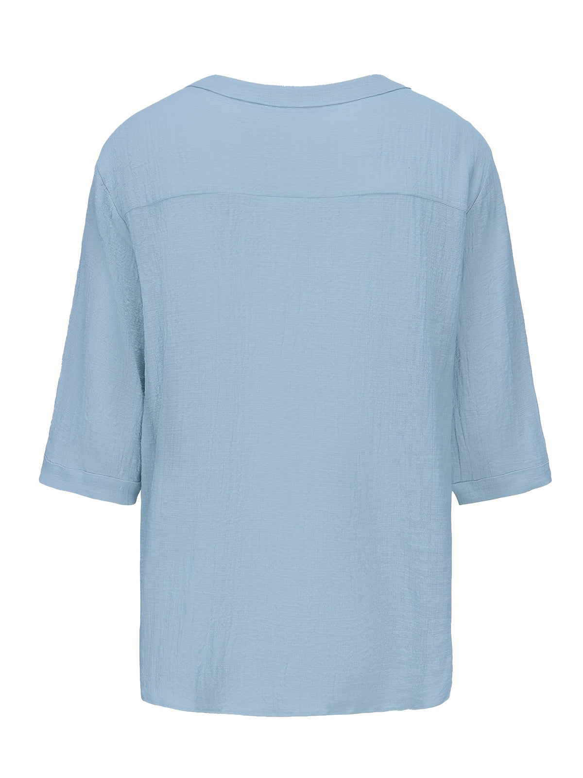 Men's Summer Casual V-Neck Breathable Short-Sleeve Fashion Drawstring Solid Color T-Shirt with Wrinkle Fabric - Light Blue
