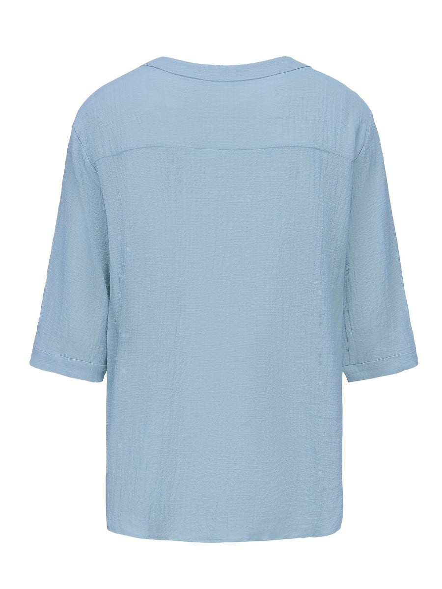 Men's Summer Casual V-Neck Breathable Short-Sleeve Fashion Drawstring Solid Color T-Shirt with Wrinkle Fabric - Light Blue