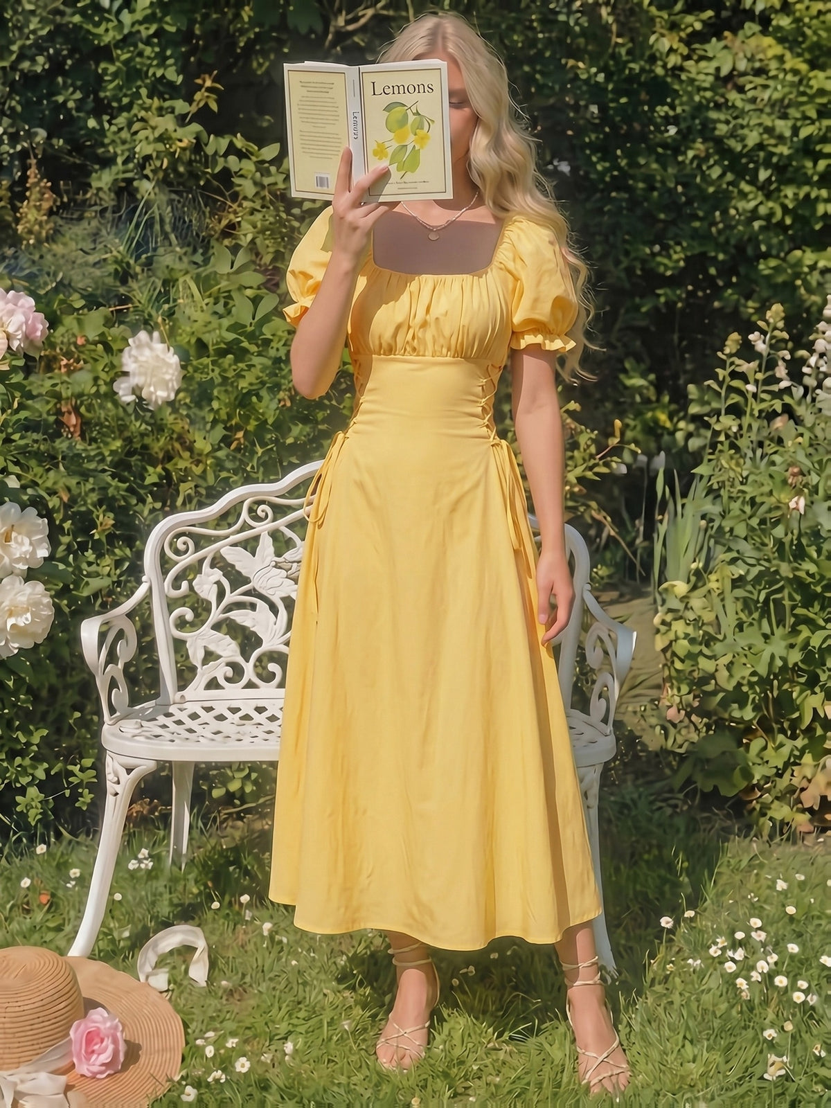 Retro Pastoral Square Neck Puff Sleeve Long Dress, Waist-Cinching Tie Detail Flared Dress, Tie-Waist Mid-Length Dress, Summer Gentle Style Tea Dress, Outing Photo Atmosphere Fairy Dress, Elegant Vacation Party Mid-Length Dress, Formal Wear - Yellow