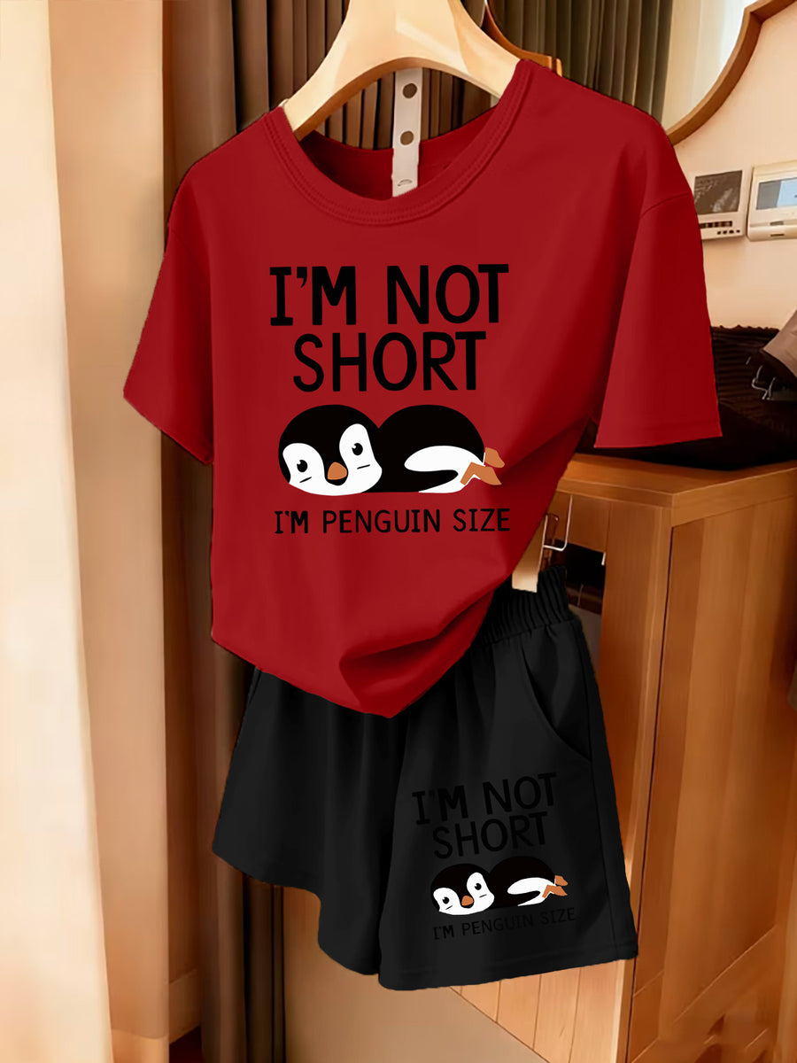 2pcs Women'S Summer Short Sleeve Set - I'M NOT SHORT Fun Penguin Print Short Sleeve And Shorts Outfit, Comfortable, Soft, Breathable Sportswear for Daily Wear, Suitable For, Campus, Valentine'S Day, Women'S Pajamas, Jogging, Fitness - Red+Black