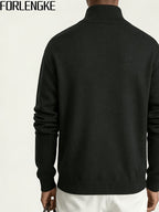 FORLENGKE Men'S Half-Turtleneck Zip-Up Knit Cardigan with Vintage Cable Knit Texture, Solid Color Sweater Jacket, New Autumn/Winter Trendy Long-Sleeve Top, Soft And Skin-Friendly Knit Fabric, Perfect for Everyday Outings, Shopping, And Casual Wear - Black