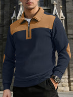 Light Luxury Color-Block Patchwork Half-Zip Lapel Sweater, Men'S Pinstripe Stretch Long Sleeve Casual Commuter Top - Navy Color