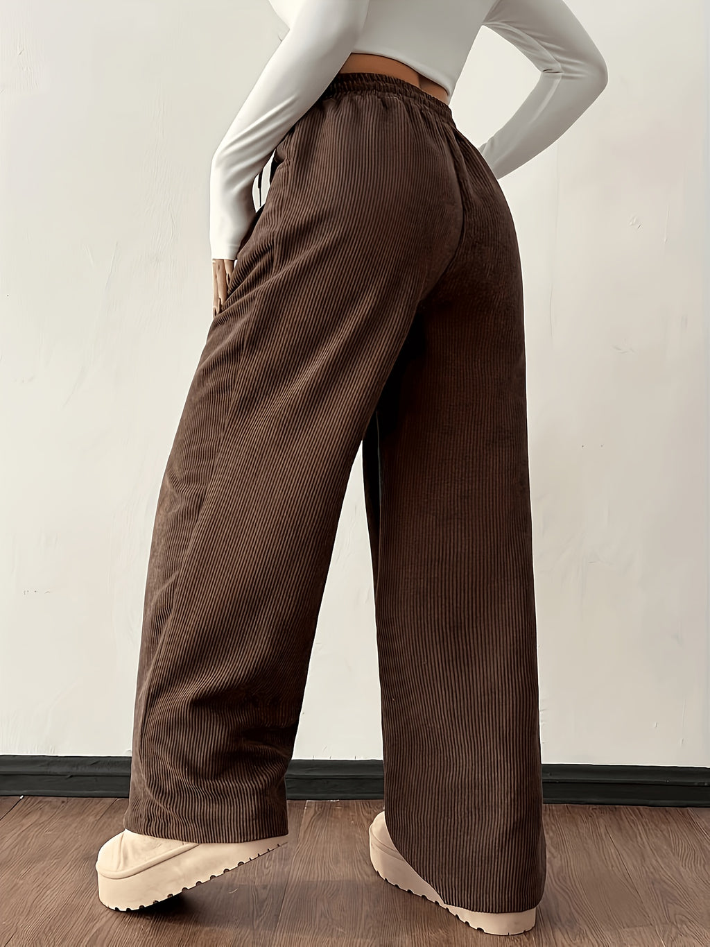 Women'S Retro Corduroy Loose Straight-Leg Trousers, Autumn Winter Street Style Casual Wide-Leg Pants, Casual Wide-Leg Trousers, Adjustable Drawstring Waistband LL256 - Dark Brown