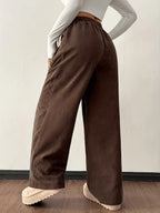 Women'S Retro Corduroy Loose Straight-Leg Trousers, Autumn Winter Street Style Casual Wide-Leg Pants, Casual Wide-Leg Trousers, Adjustable Drawstring Waistband LL256 - Dark Brown