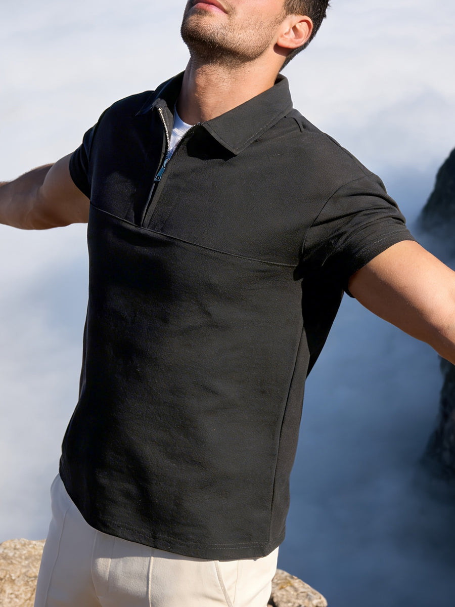 Spring Summer Men'S Short Sleeve, Casual Fashion, Versatile Athletic Top, Solid Color Half-Zip Placket Polo Shirt - Black