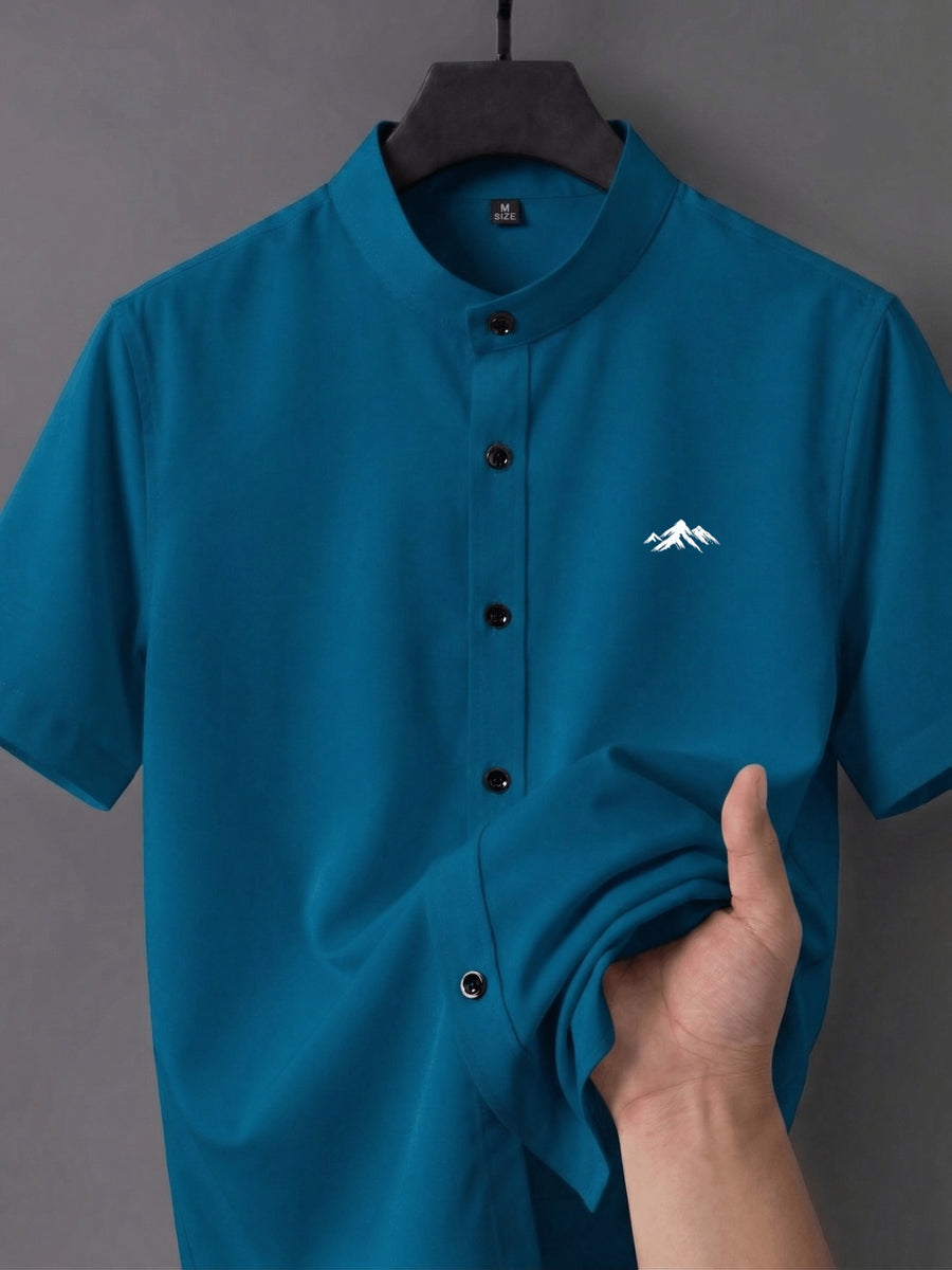 Men's Short-sleeve Shirt with Stand-up Collar/Henley Collar Design, Featuring Exquisite Peak-shaped Embroidery on the Chest - Dark Green
