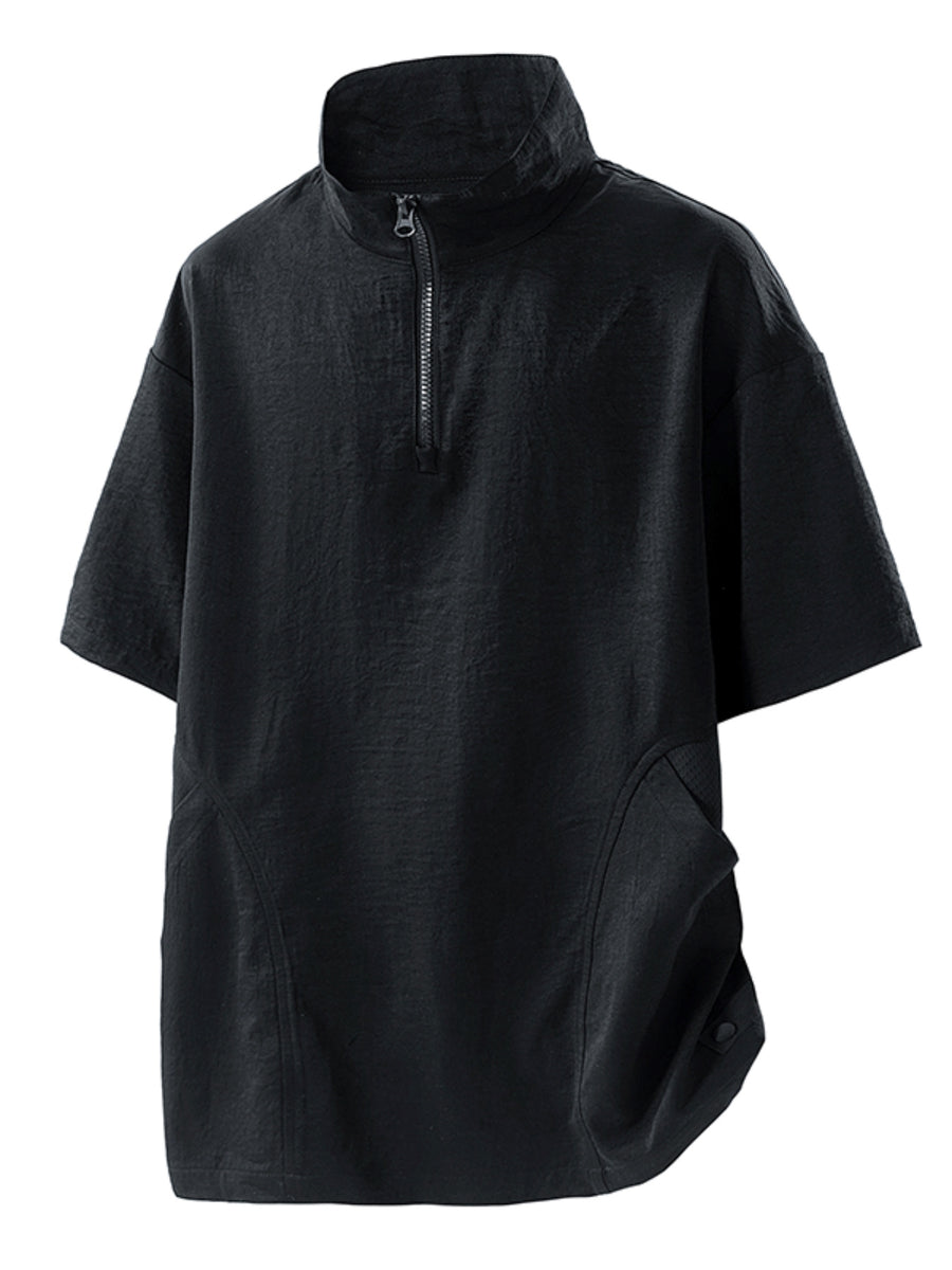 Summer New Versatile Stand-Up Collar Men'S T-Shirt Loose Thin Short Sleeve Half-Zipper Breathable Top - Black