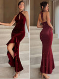 2025 Autumn And Winter New Women'S Elegant And Stylish Fitted Sleeveless Halter Evening Dress with Golden Sequins And High Side Slit, Suitable for Wedding Guest Attire, Parties, And Festive Celebrations - Rose Red
