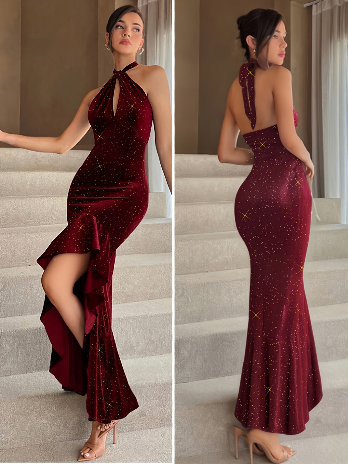 2025 Autumn And Winter New Women'S Elegant And Stylish Fitted Sleeveless Halter Evening Dress with Golden Sequins And High Side Slit, Suitable for Wedding Guest Attire, Parties, And Festive Celebrations - Rose Red