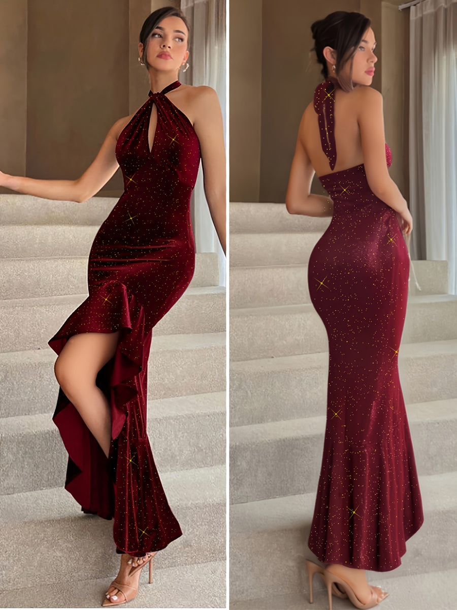 2025 Autumn And Winter New Women'S Elegant And Stylish Fitted Sleeveless Halter Evening Dress with Golden Sequins And High Side Slit, Suitable for Wedding Guest Attire, Parties, And Festive Celebrations - Rose Red