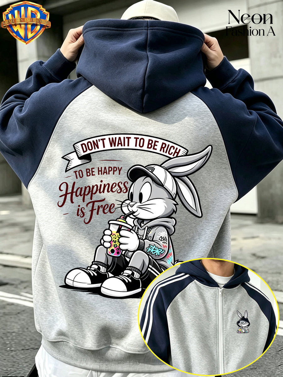 Warner Bros. Official License, Men'S Autumn/Winter Street Style Hooded Sweatshirt Jacket, Casual Rabbit And Rabbit Happiness Is Free American Cartoon Print, Color-Block Striped Long Sleeve with Zipper And Pockets, Loose Fit, Machine Washable - Navy Blue And Gray