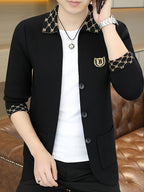 [Wading Whale OBM] Spring/Autumn New Men'S Knit Cardigan, Old Money Style Contrast Lapel Pocket Button-Front Cardigan Men'S Business Casual Fashion Button-Front Knit Top, Collar Design with Embroidered Logo Suitable for Spring, Autumn - Black
