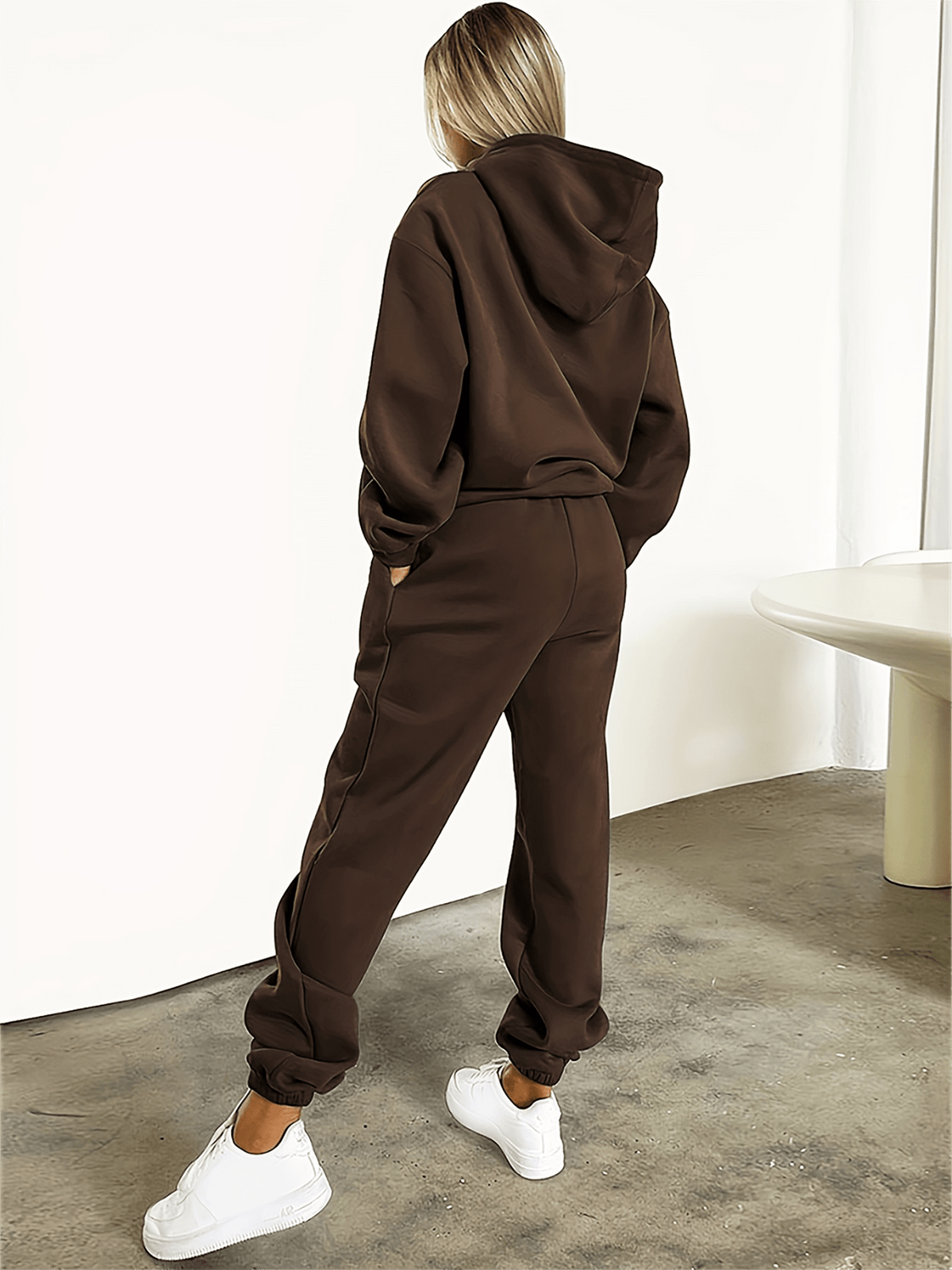 Women'S Slogan Print Drop-Shoulder Casual Hooded Pullover Sweatshirt with Casual Drawstring Sweatpants, Halloween Costume, Christmas Costume, Party Outfit, Parent- Outfit, Back-To- Autumn And Winter Two-Piece Set - Coffee Brown