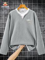 Paul Frank Men's Waffle Knit 2-in-1 Look Spring/Autumn Long Sleeve T-Shirt with Two-Tone Letter Print - Gray